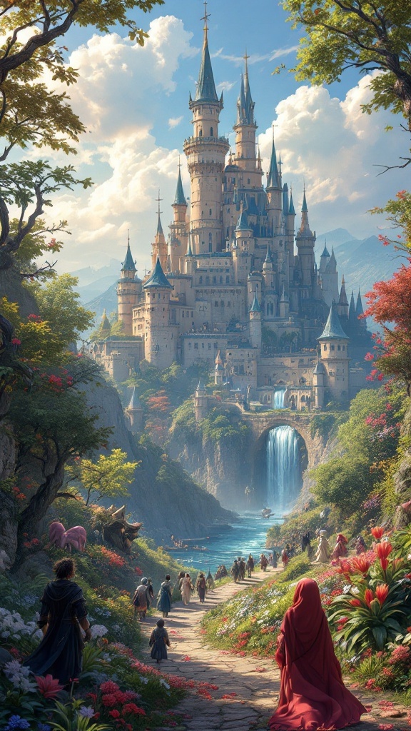 A grand fantasy castle set in a vibrant landscape with characters walking along a path, surrounded by nature and a waterfall.