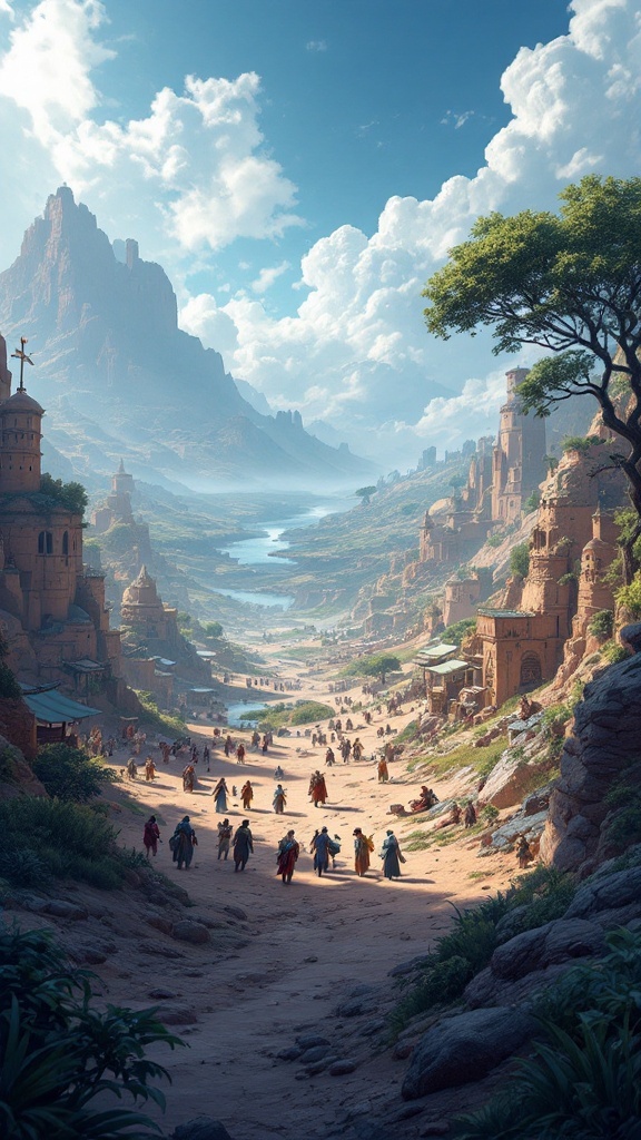 A picturesque valley in a fantasy game, filled with characters and ancient architecture.