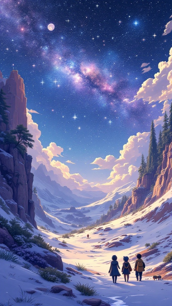 A serene snowy landscape under a starry sky with three characters walking towards the horizon.