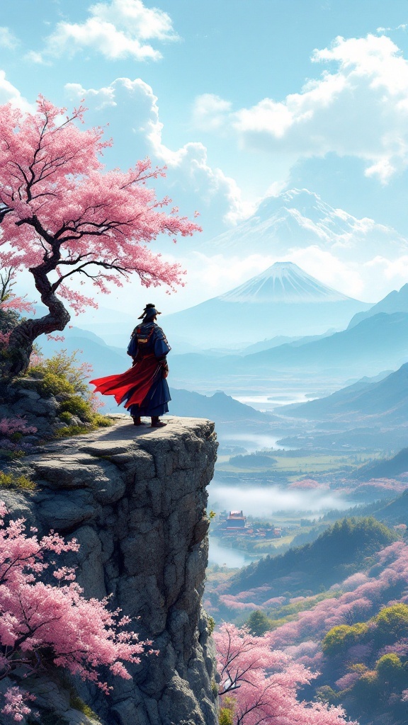 A samurai overlooking a beautiful landscape with cherry blossoms and mountains in the background.