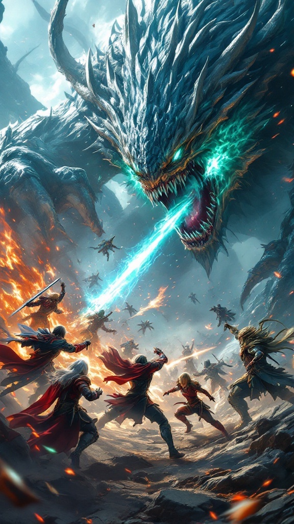 An intense battle scene in TERA featuring players fighting a massive dragon.