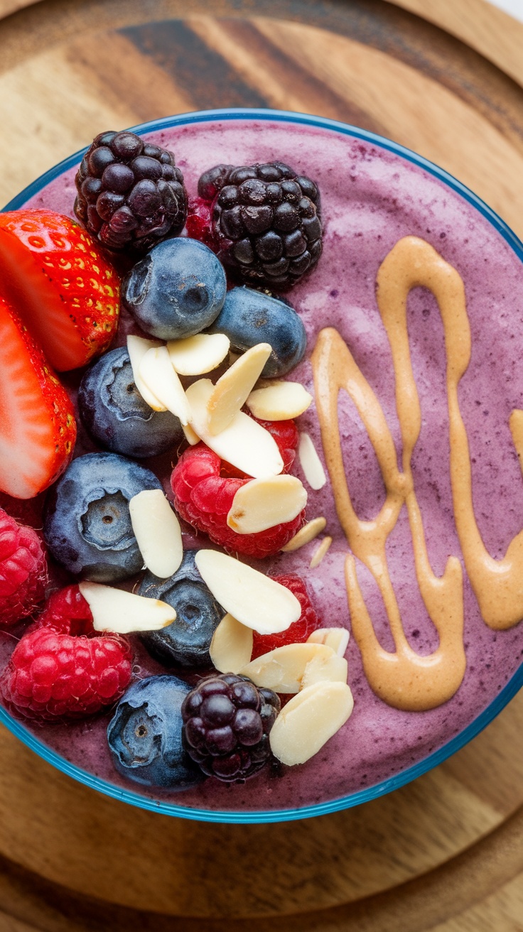 A bowl of berry almond smoothie topped with fresh berries and sliced almonds.