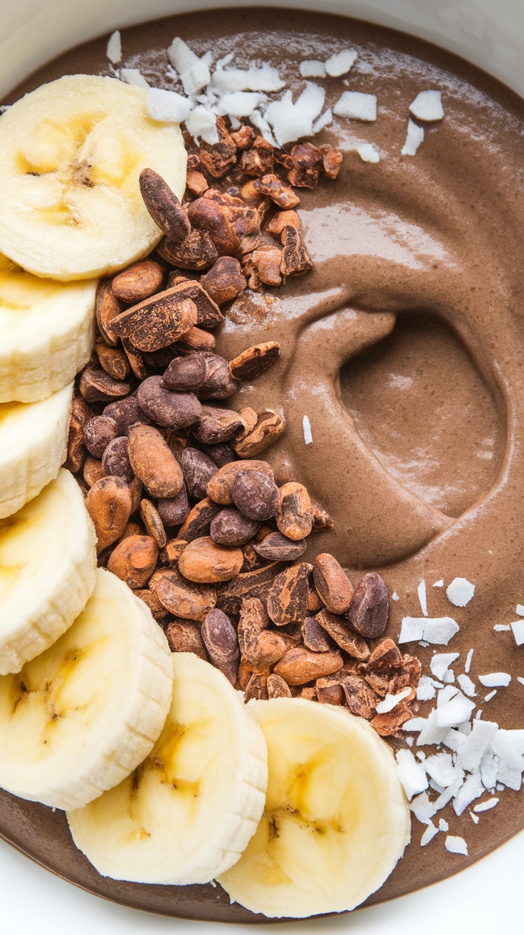 Cacao Superfood Bowl with banana slices, cacao nibs, and coconut flakes