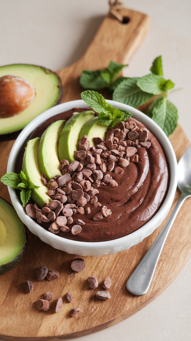 Chocolate avocado smoothie bowl topped with sliced avocado, chocolate chips, and mint