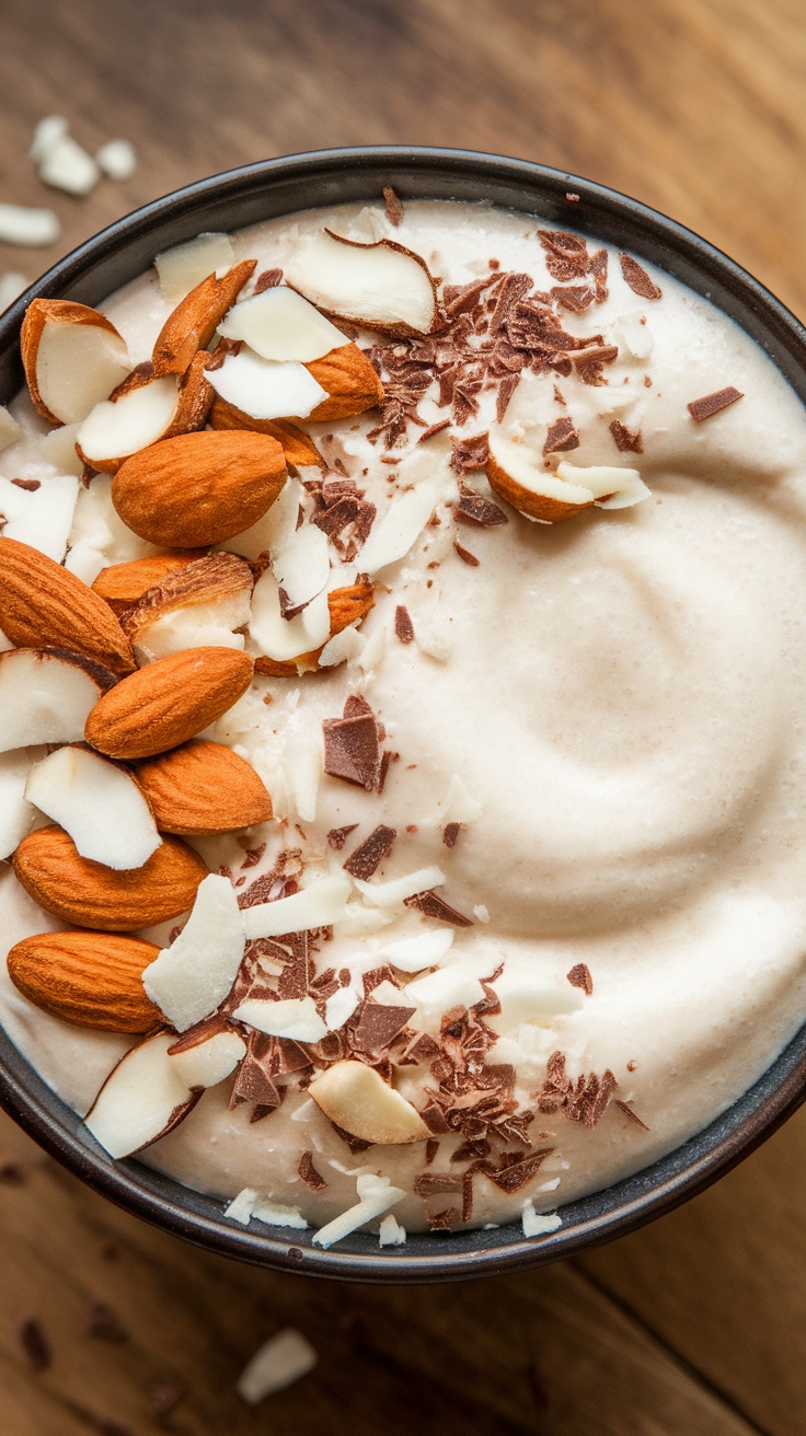 A delicious coconut almond smoothie bowl topped with almonds and chocolate shavings.