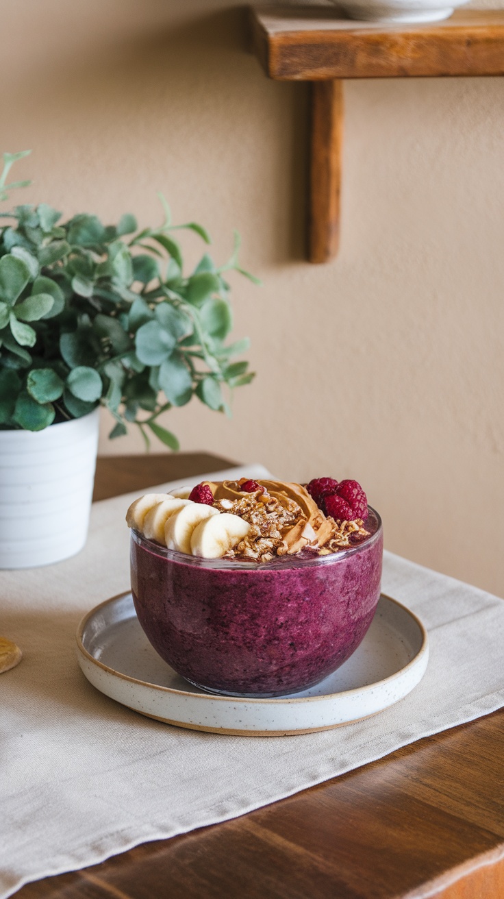 A creamy peanut butter banana bowl topped with sliced bananas, granola, and raspberries.