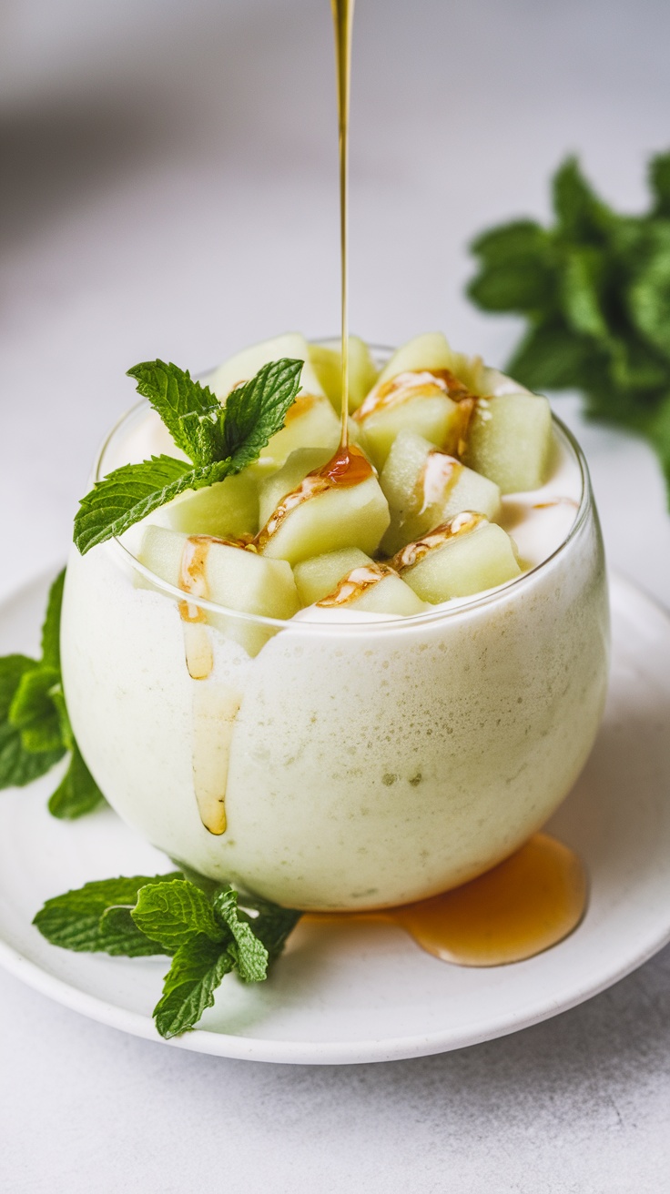 A refreshing honeydew mint protein bowl topped with mint leaves and honey.