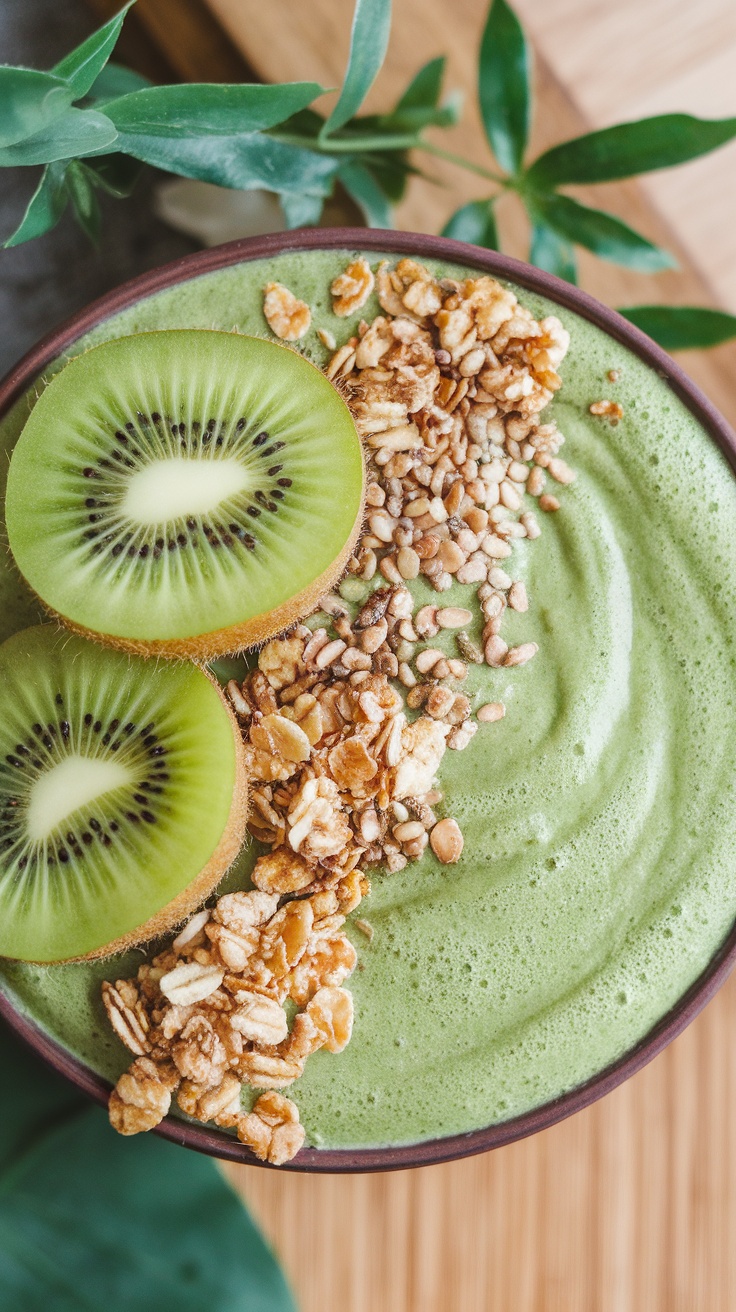 A vibrant matcha green tea protein bowl topped with kiwi slices and granola.