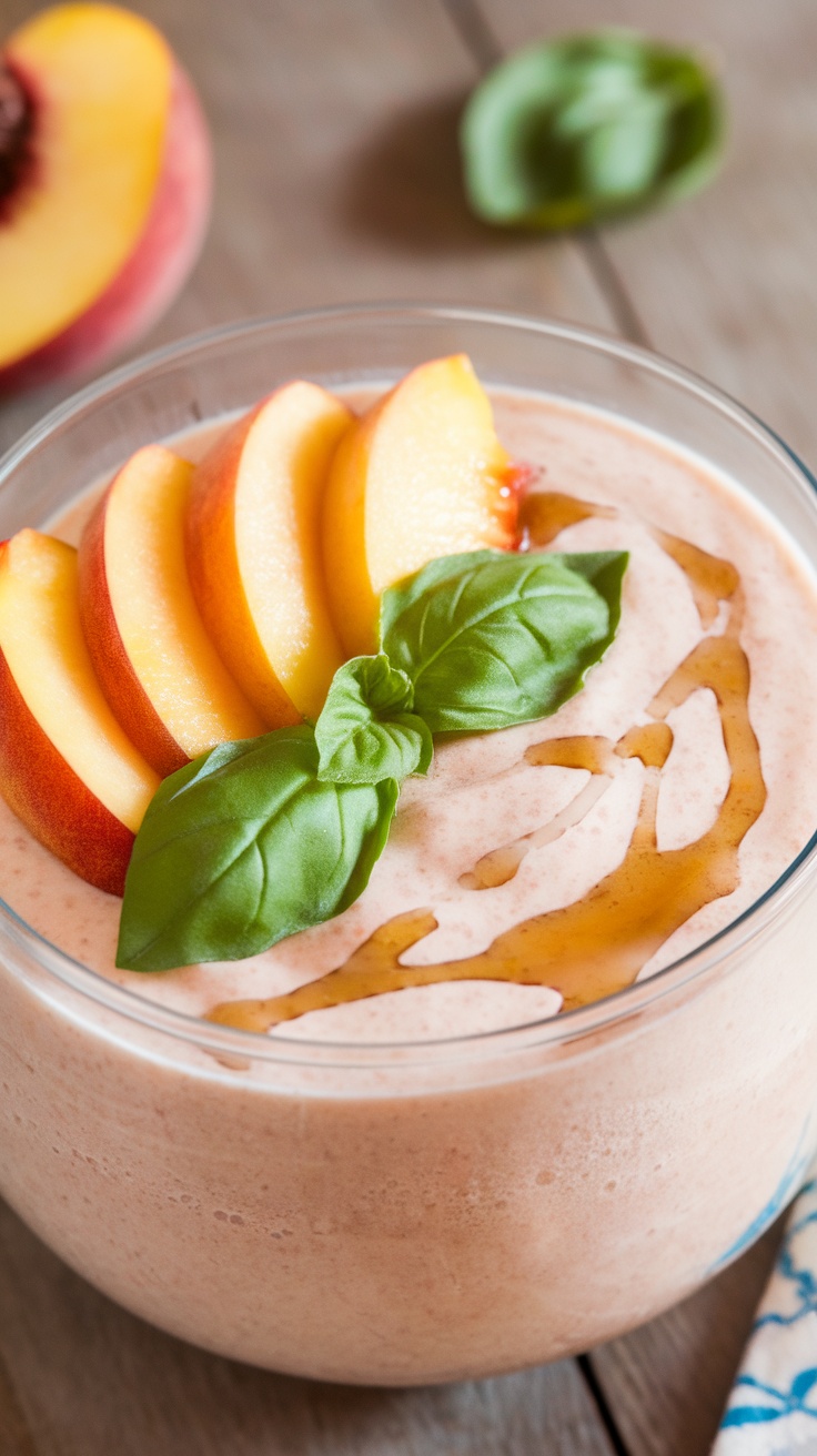 A vibrant peach basil smoothie bowl topped with peach slices and fresh basil.