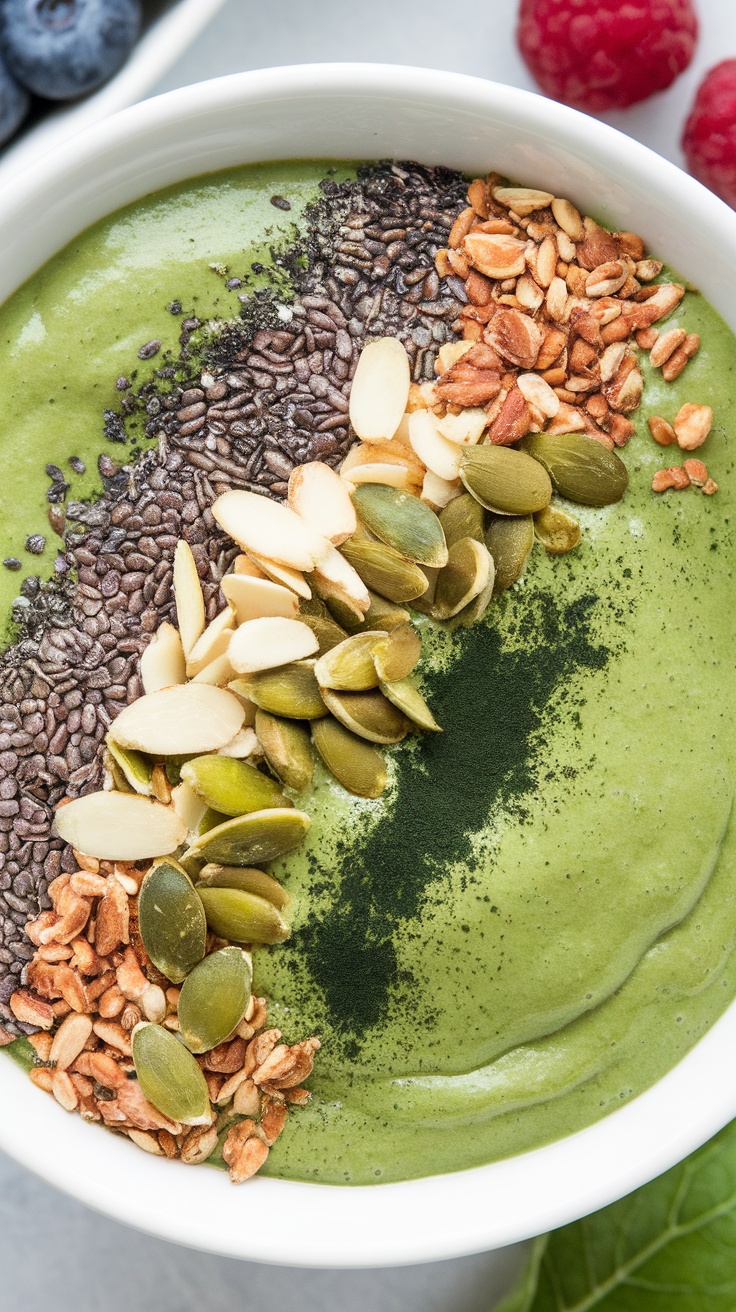 A green smoothie bowl topped with various seeds and granola.