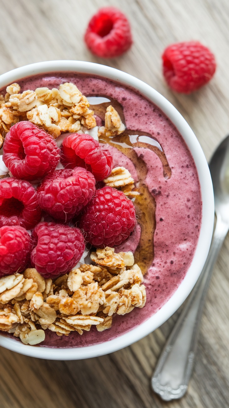 A delicious raspberry acai bowl topped with granola and fresh raspberries.