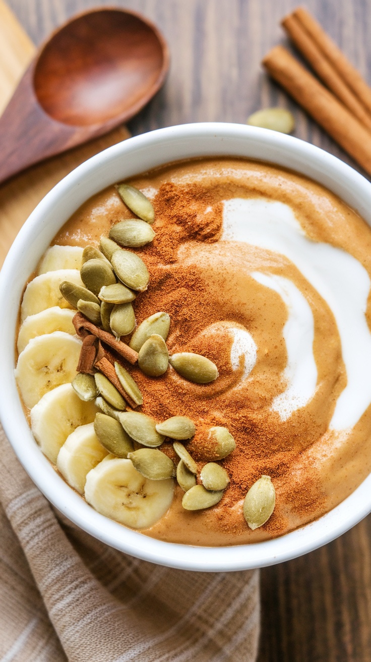 A delicious Spiced Pumpkin Protein Bowl topped with banana slices, pumpkin seeds, and a sprinkle of cinnamon.