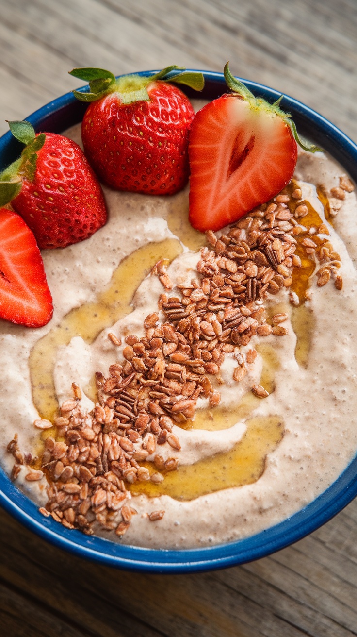 A bowl of strawberry oatmeal smoothie topped with strawberries and granola.