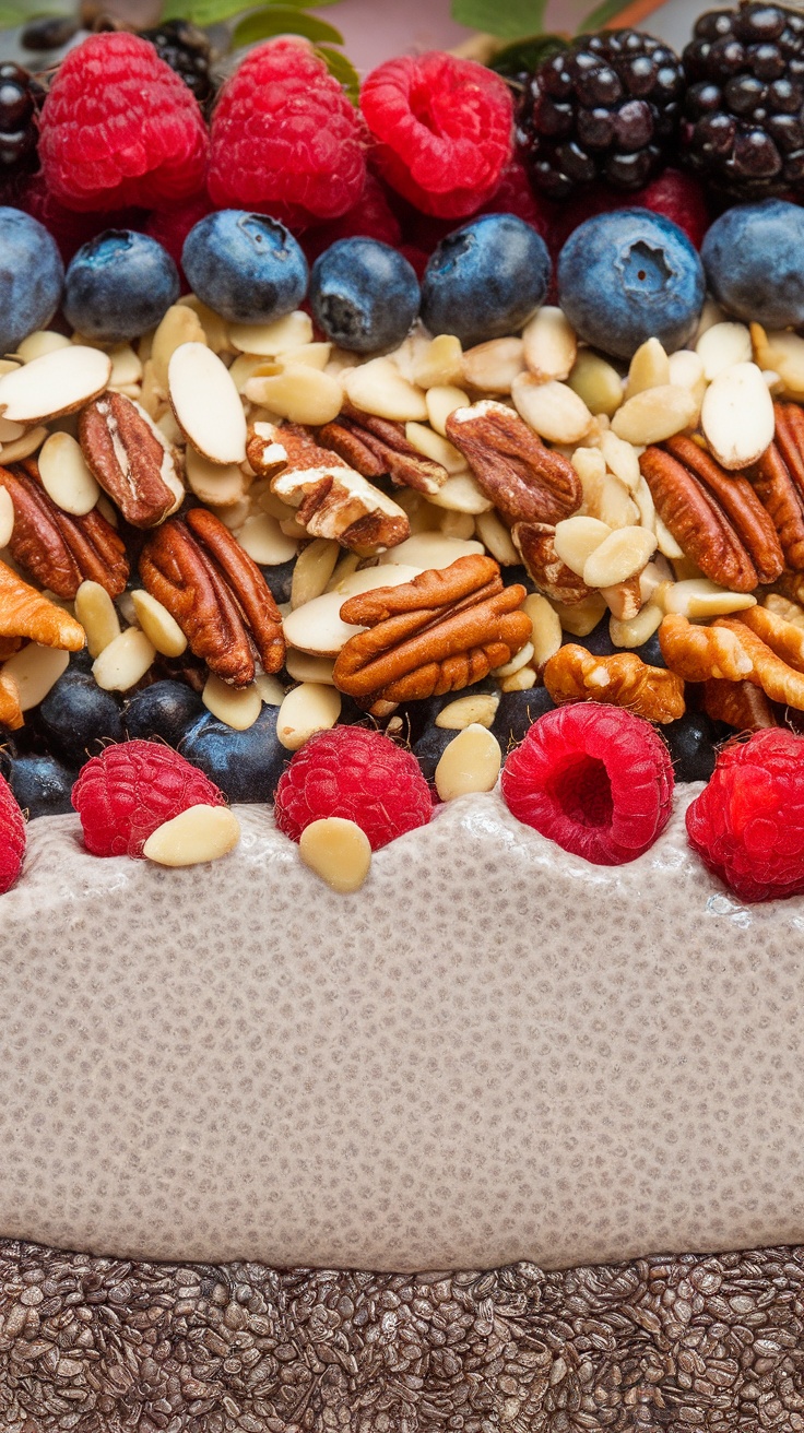 A delicious serving of vegan chia seed pudding topped with fresh berries and nuts.