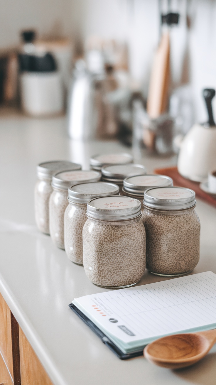 A collection of jars filled with chia pudding, ready for meal prep.