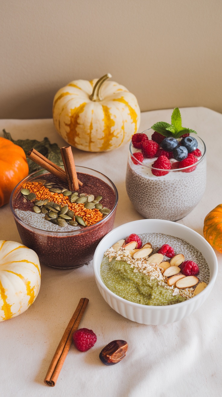 A variety of vegan chia puddings decorated with seasonal toppings and garnishes.