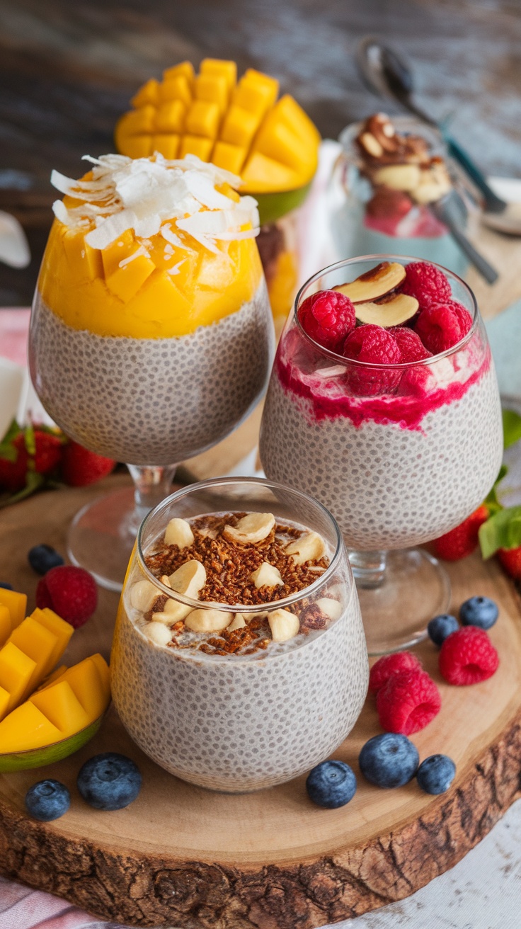 Delicious vegan chia pudding served in multiple glasses with various toppings like fruits and nuts.