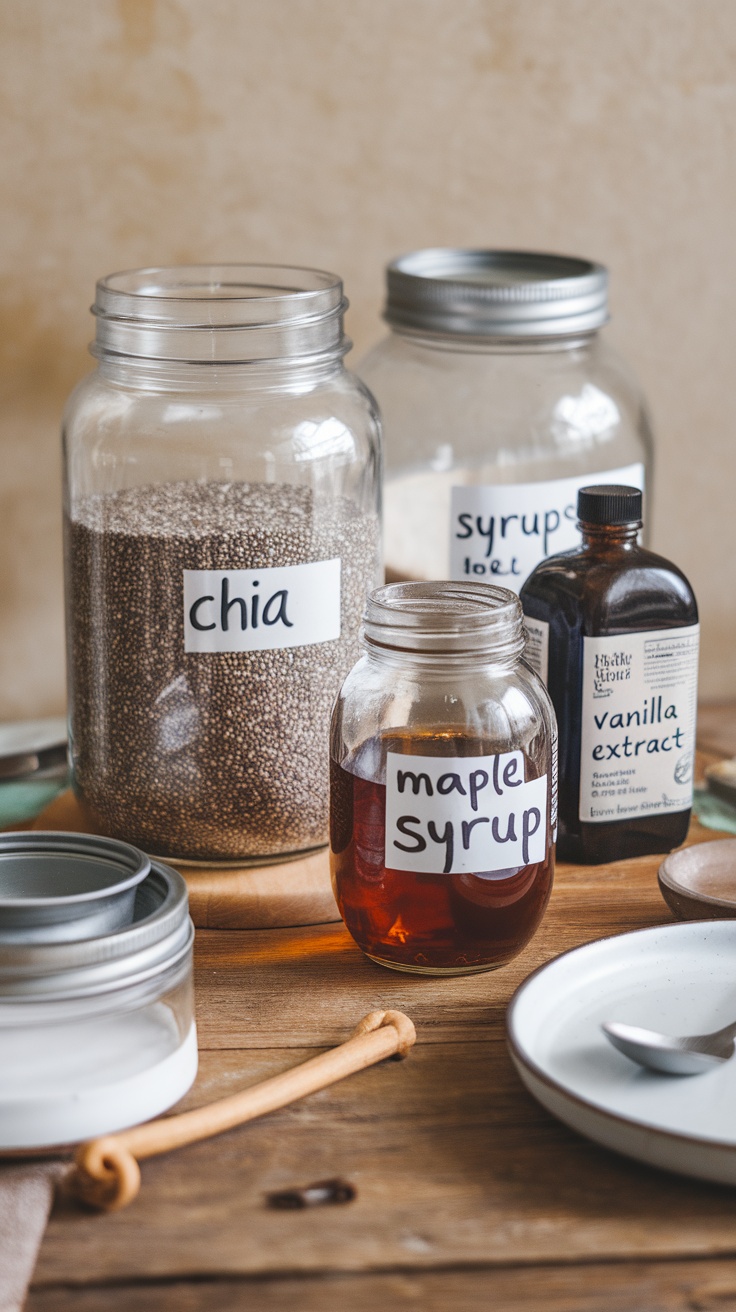 Essential ingredients for making vegan chia pudding, including jars of chia seeds, maple syrup, and vanilla extract.