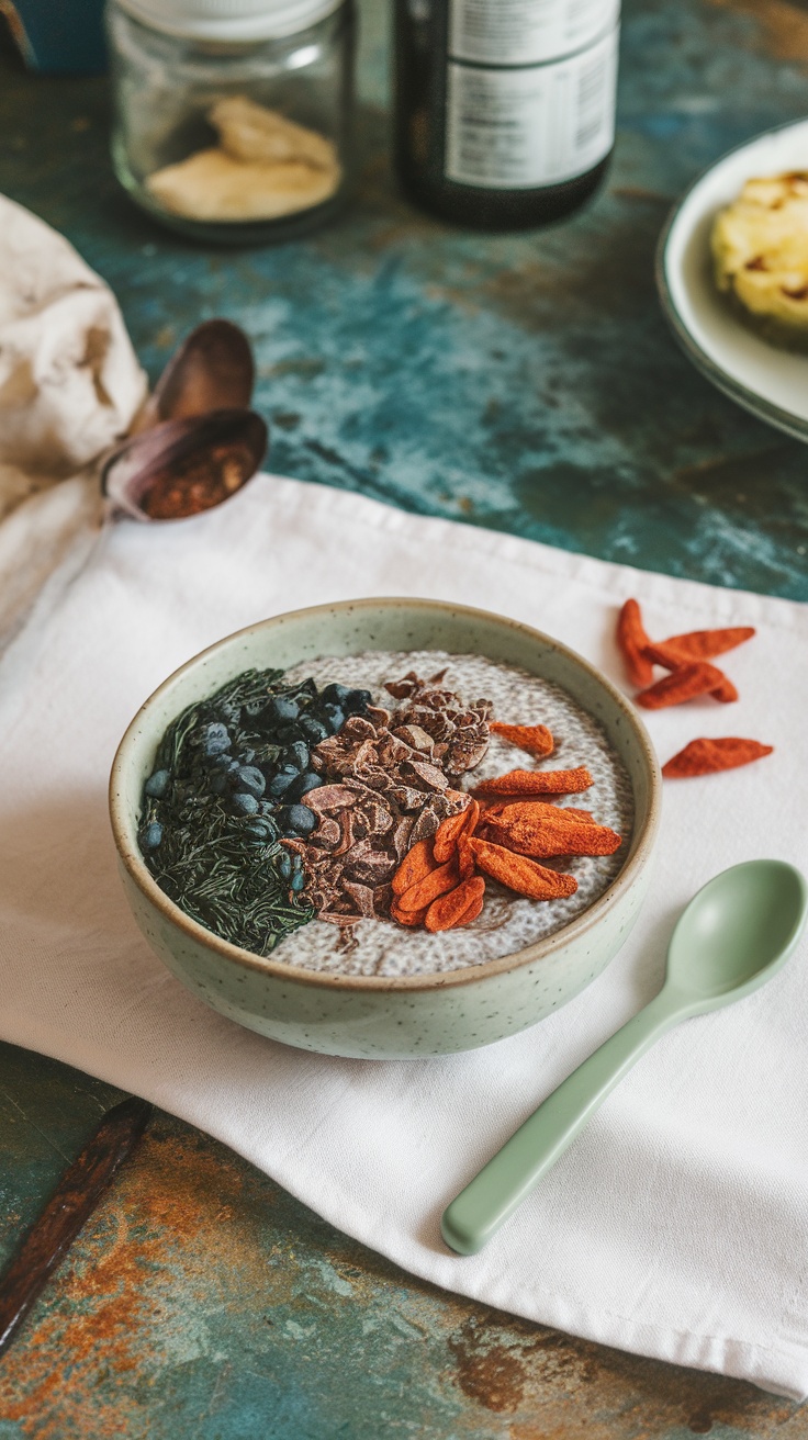 A bowl of colorful vegan chia pudding topped with superfoods.