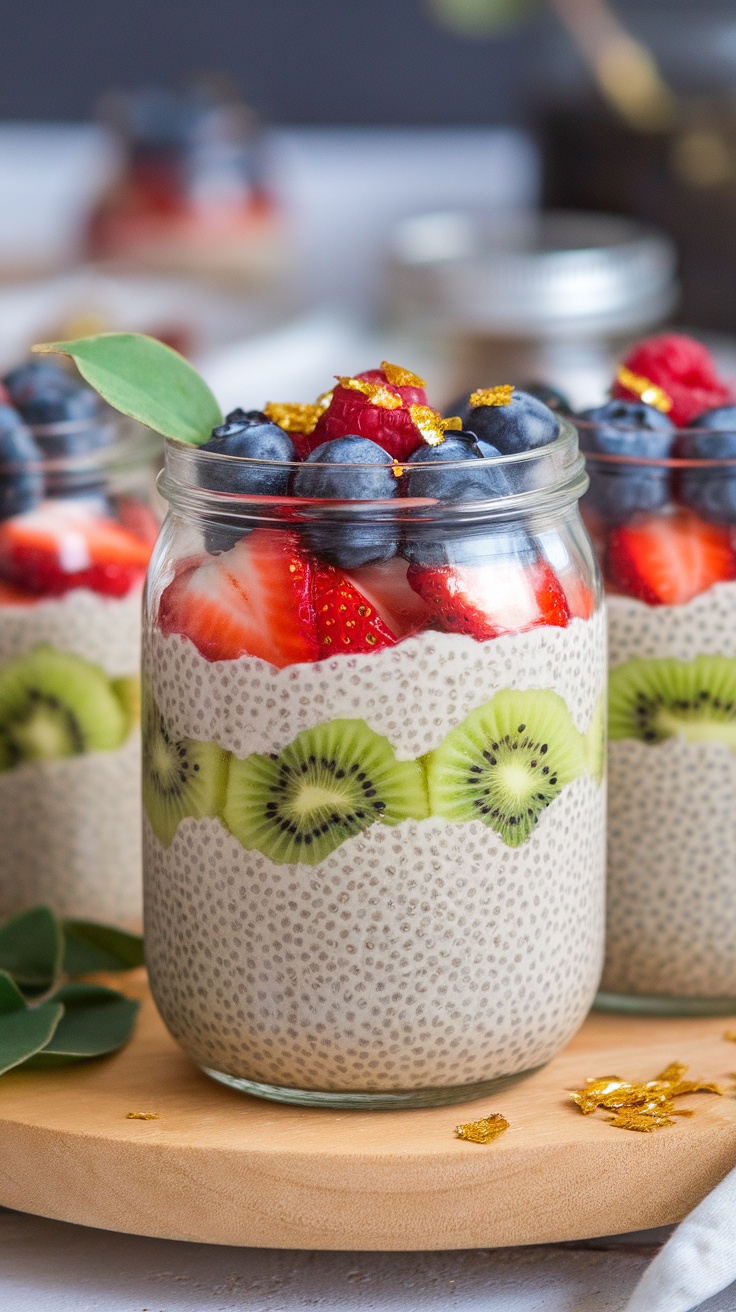 A beautiful layered vegan chia pudding with fresh fruits