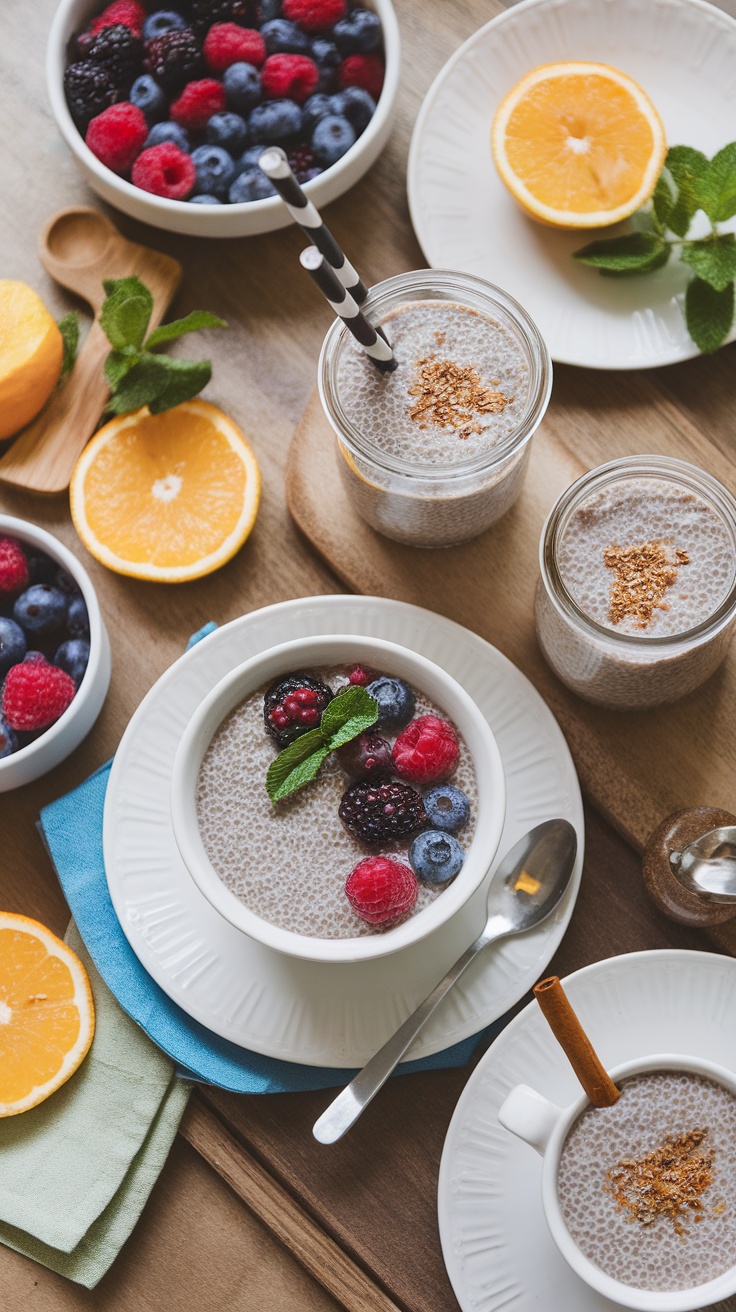 A beautifully served chia pudding topped with berries and garnished with mint.