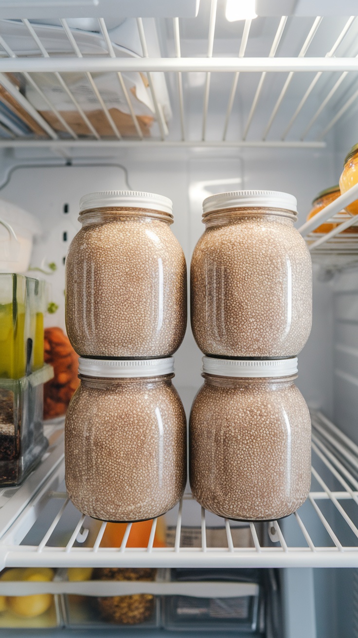 Chia pudding jars stored in the refrigerator.