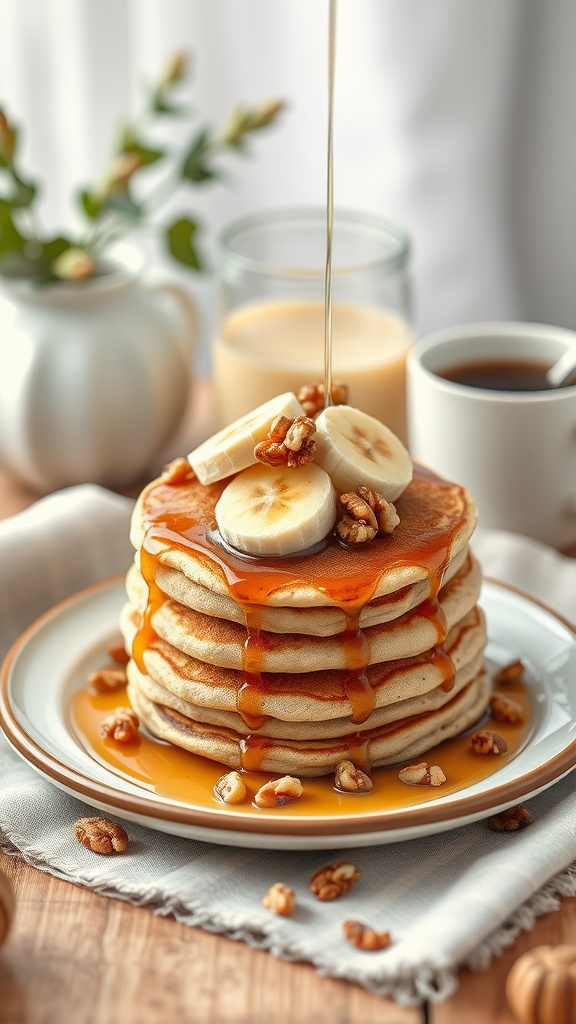 A stack of banana oatmeal pancakes topped with sliced bananas and syrup.