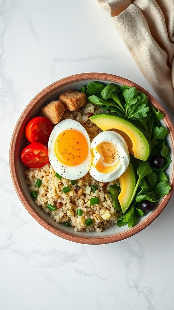 A nutritious breakfast bowl with quinoa, avocado, eggs, and fresh vegetables.