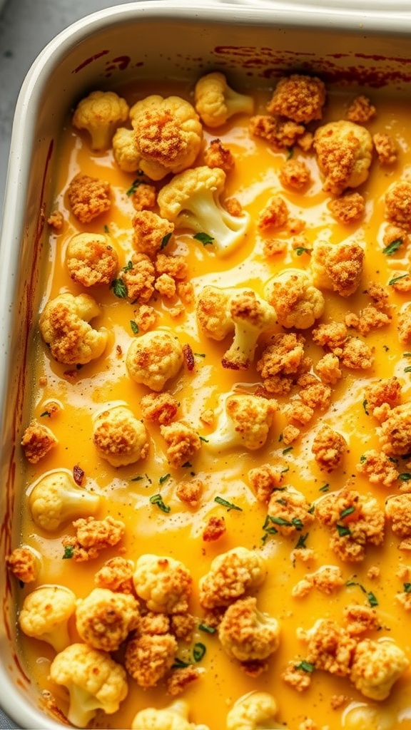 A cheesy cauliflower casserole topped with breadcrumbs.