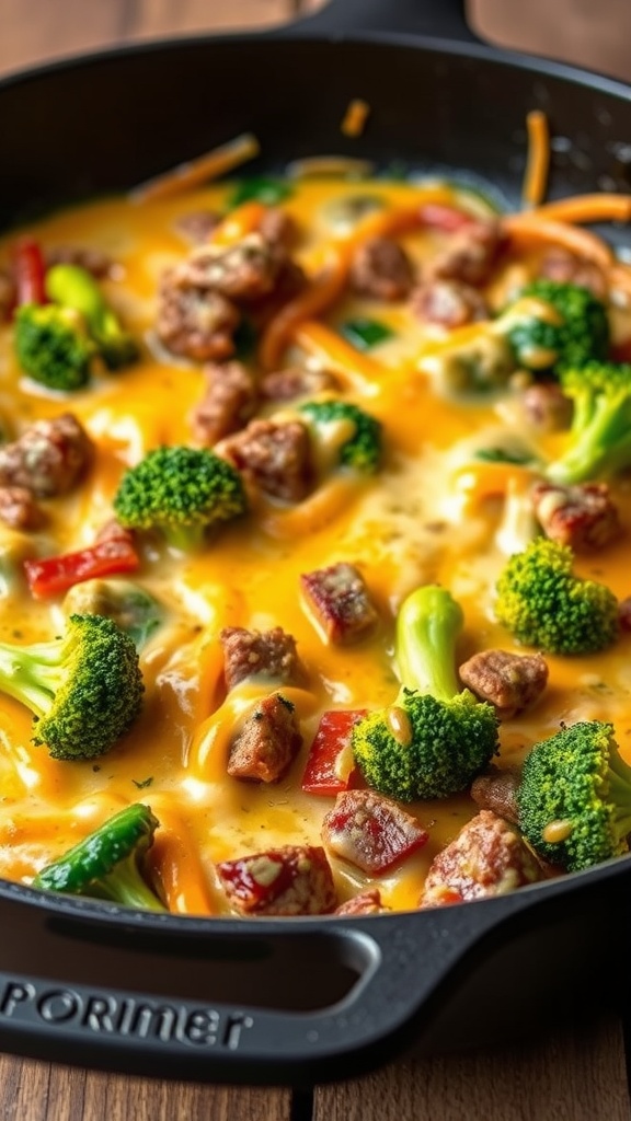 A skillet dish with ground beef, broccoli, bell peppers, and melted cheese.