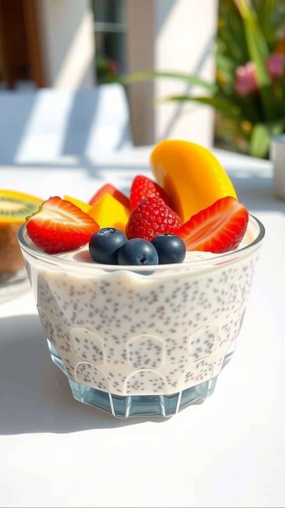 A bowl of chia seed pudding topped with tropical fruits