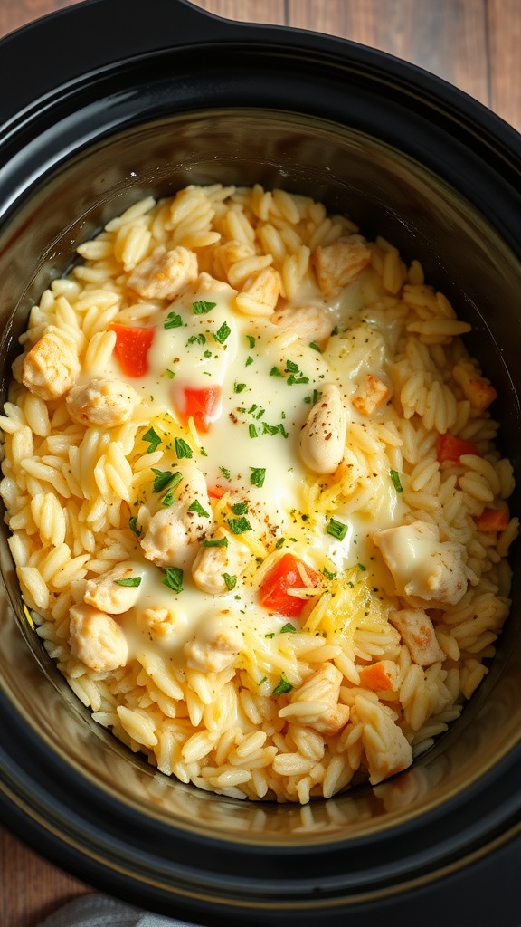 A delicious chicken and rice casserole made in a crockpot, featuring chicken pieces, orzo pasta, and cheese.