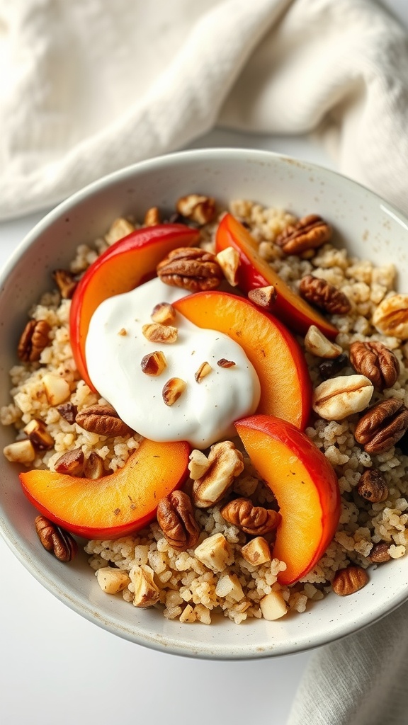 A delicious Cinnamon Apple Quinoa Bowl topped with yogurt, nuts, and apple slices.