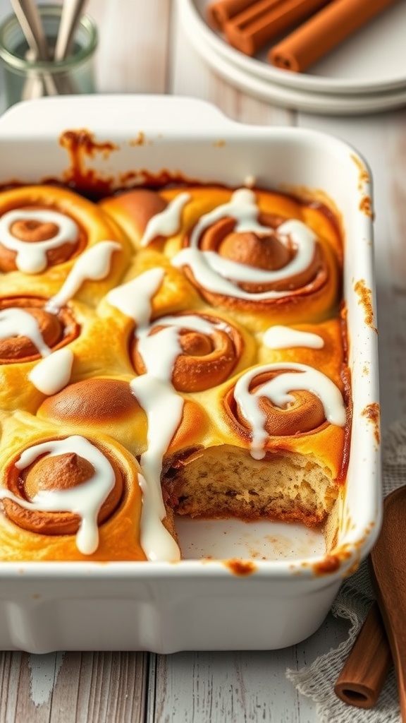 A delicious cinnamon roll breakfast casserole served in a baking dish, topped with icing.