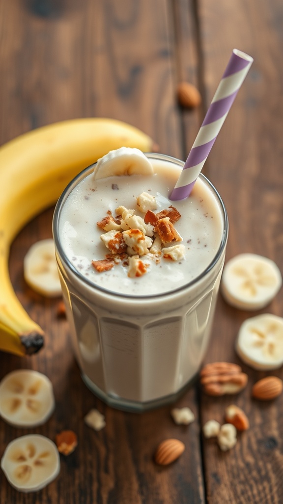 A creamy peanut butter banana smoothie in a glass with a purple straw, topped with nuts.