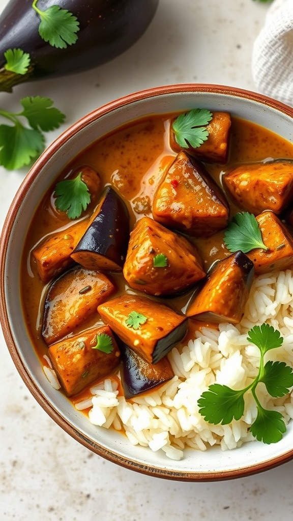A bowl of eggplant curry with coconut milk served over rice, garnished with cilantro.