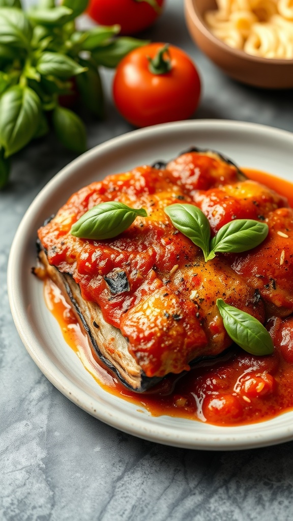 A delicious serving of eggplant parmesan topped with marinara sauce and basil leaves.