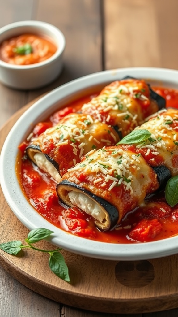 Eggplant rollatini with ricotta filling in marinara sauce, garnished with basil.