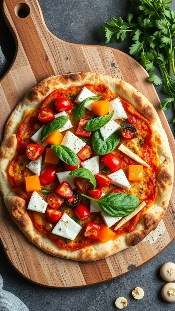 A freshly baked sourdough discard pizza topped with cheese, tomatoes, and basil.