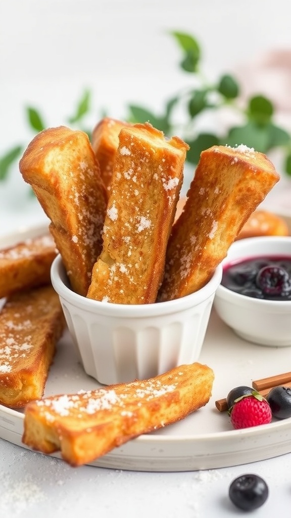 Delicious French toast sticks served with berry compote on a plate.