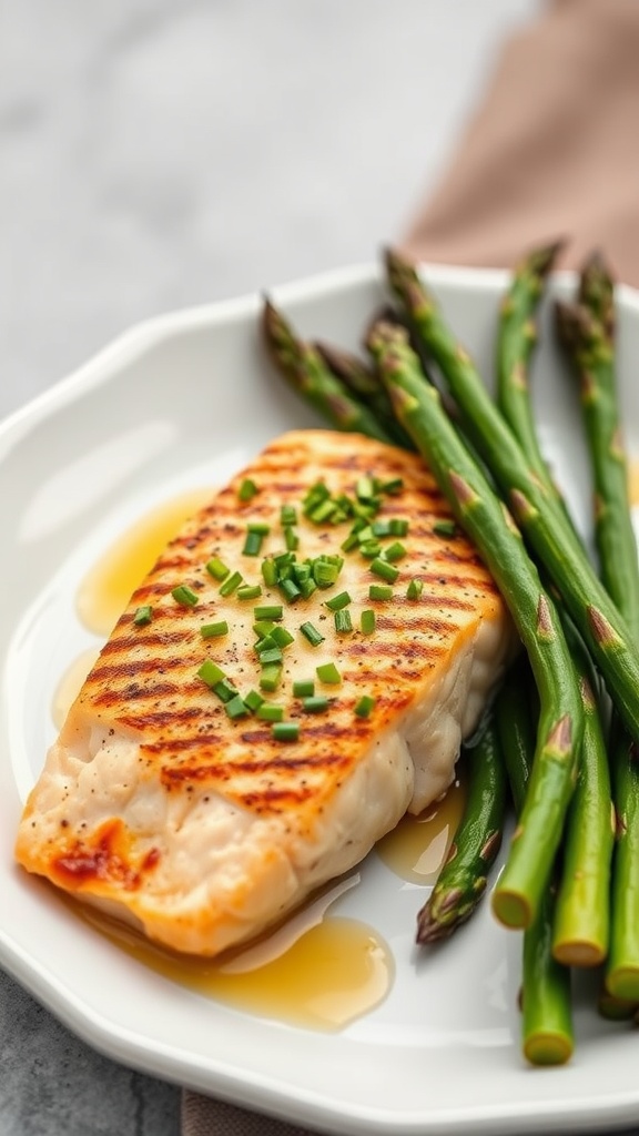 A plate of garlic butter salmon with asparagus, showcasing vibrant greens and a golden salmon fillet.