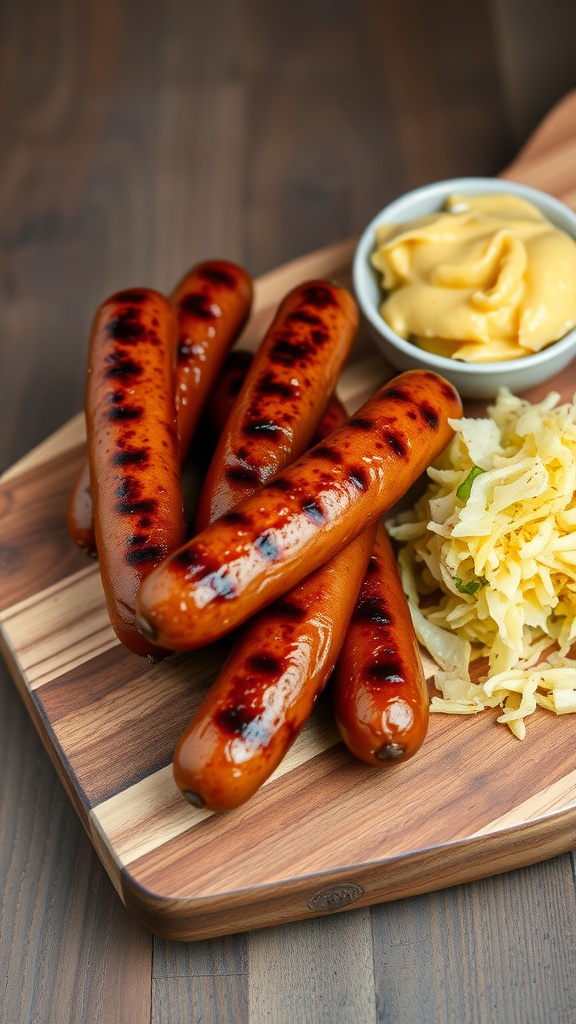 Grilled sausages served with sauerkraut and mustard