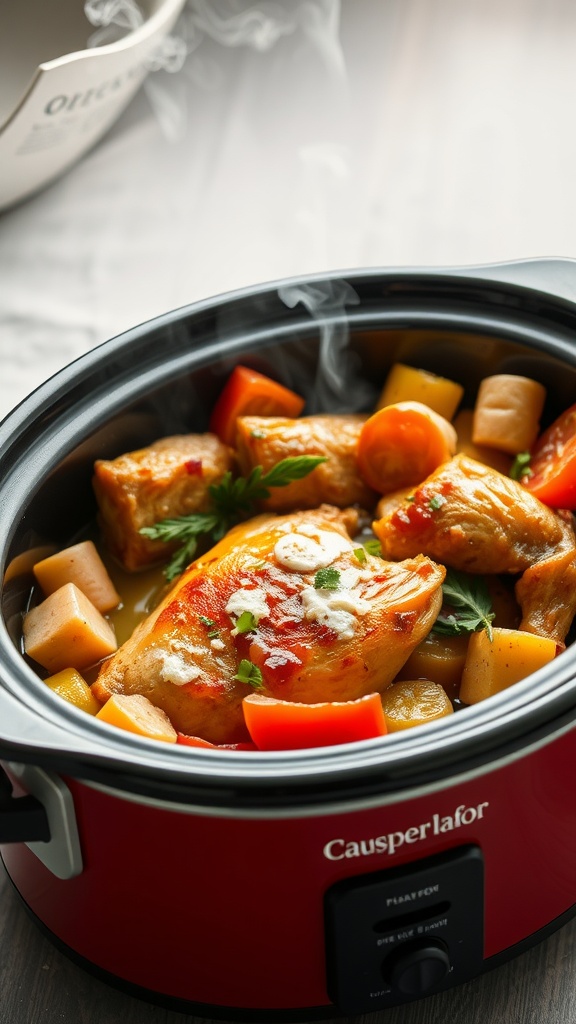 A slow-cooked dish of chicken and vegetables in a crockpot