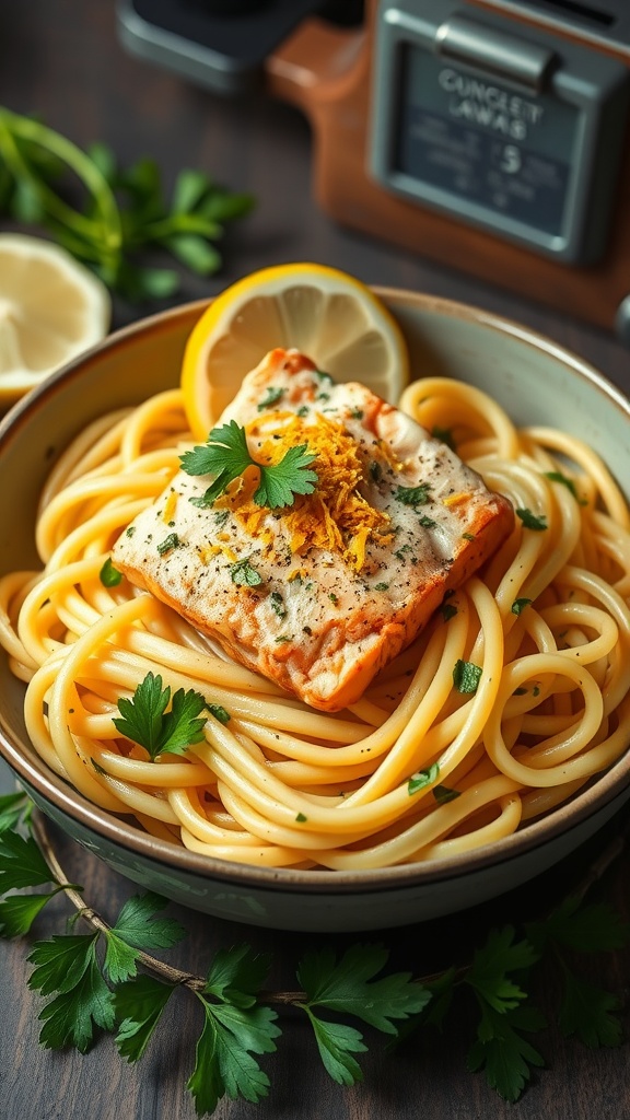 A bowl of lemon herb salmon pasta with parsley and lemon slices.