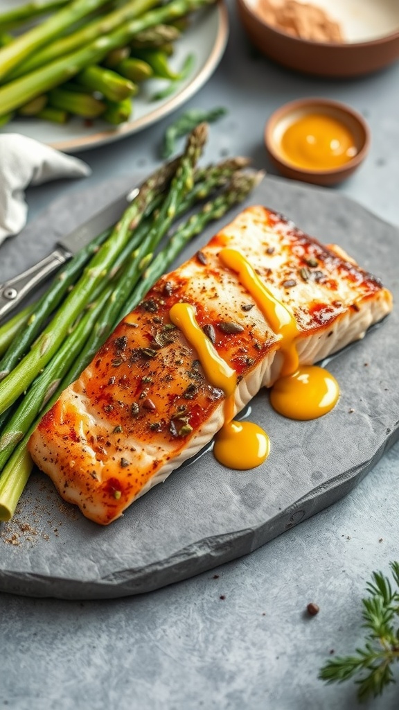 Deliciously glazed salmon fillet with asparagus