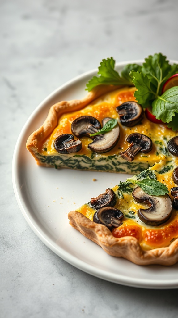 Slice of mushroom and spinach quiche on a plate