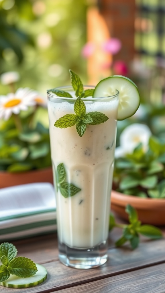 A refreshing cucumber mint cooler smoothie in a tall glass, garnished with mint leaves and cucumber slices.