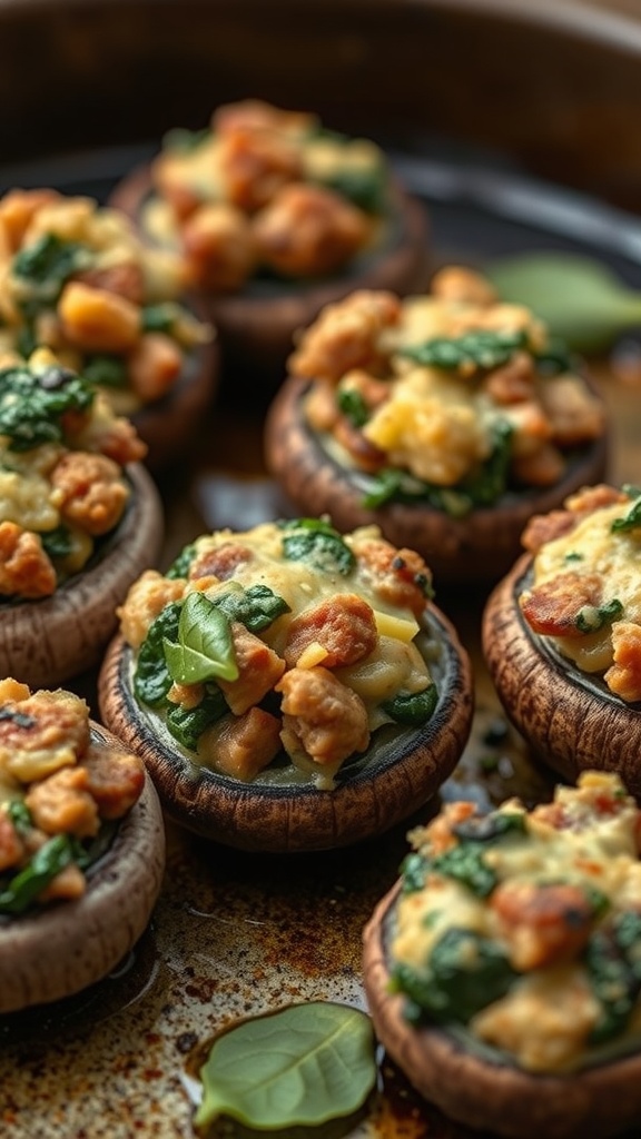 Delicious sausage and spinach stuffed mushrooms arranged on a platter.
