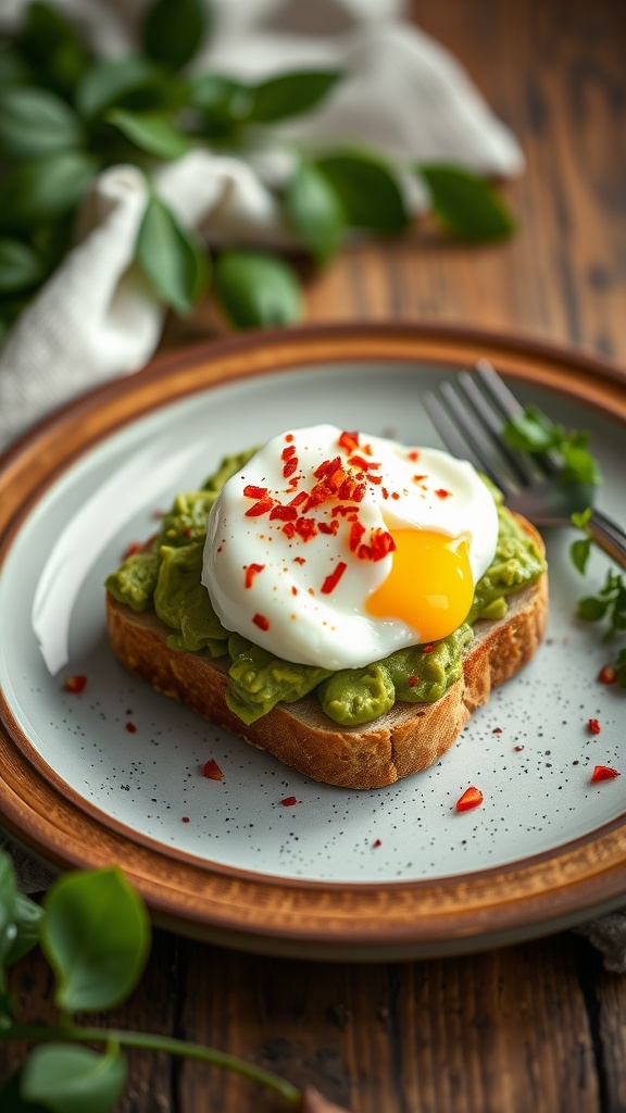 Savory avocado toast topped with a poached egg and red pepper flakes on a wooden table.