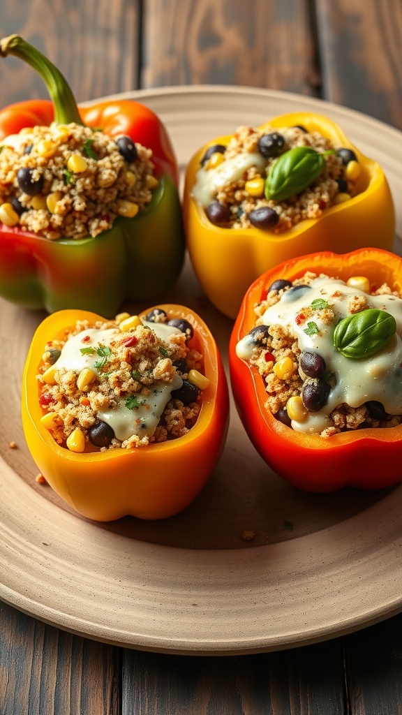 Savory stuffed bell peppers filled with grains, beans, and corn, topped with cheese and fresh herbs.